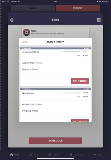 Screenshot of a pet's Appointment History