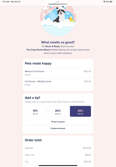 Screenshot of the Groomer.io check-out screen