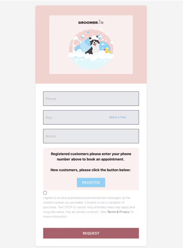 Online booking request page for Groomer.io